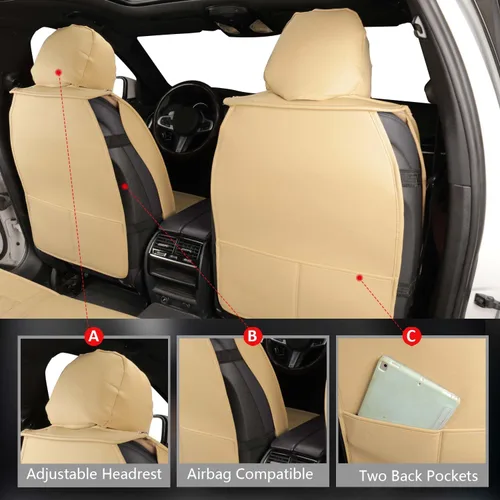 Vista 7 de MIROZO - Fundas de asiento delantero, fundas de cuero para asiento de automóvil, fundas transpirables para asiento de automóvil, protector de Beige