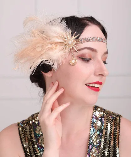 Vista 2 de Aimimier - Diadema de plumas de champán con cadena de diamantes de imitación para mujer y niña