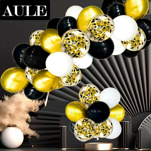 Vista 4 de AULE Globos de látex metálicos dorados y blancos de alta calidad, paquete de 60 globos de confeti de 12 pulgadas y oro negro con cintas doradas