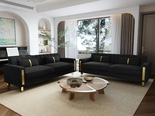 Vista 13 de Sofá de dos plazas para sala de estar, sofá de terciopelo beige de 86 pulgadas con 2 almohadas y patas de metal dorado, sofá tapizado moderno sofá
