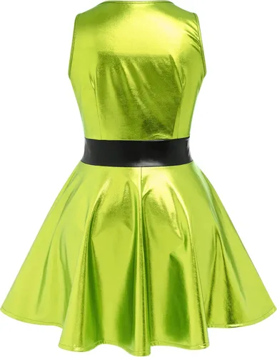 Vista 2 de IBAKOM Vestido skater metálico brillante para mujer, vestido holográfico de los años 80, disfraz de Halloween, vestido plisado de aspecto húmedo