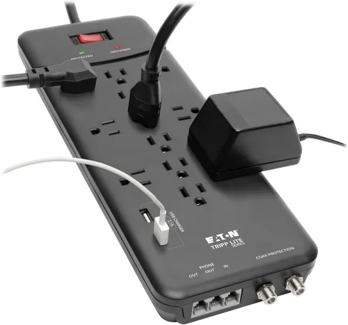 Vista 2 de Eaton Tripp Lite TLP128TTUSBB Protector de sobretensiones con puertos de carga USB, 2 puertos USB, 12 tomas de corriente, enchufe plano, cable