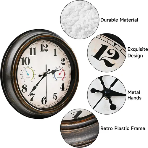 Vista 2 de Reloj de pared para exteriores de 12 pulgadas con termómetro e higrómetro, impermeable, silencioso, sin tictac, funciona con pilas, reloj redondo