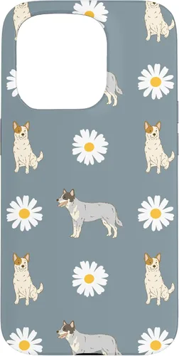 Vista 14 de Funda azul para iPhone 16 con diseño de perro Heeler y margarita azul polvoriento