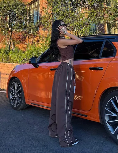 Vista 5 de Pantalones de paracaídas para mujer, pantalones cargo con cintura elástica, pierna ancha, ropa Y2K