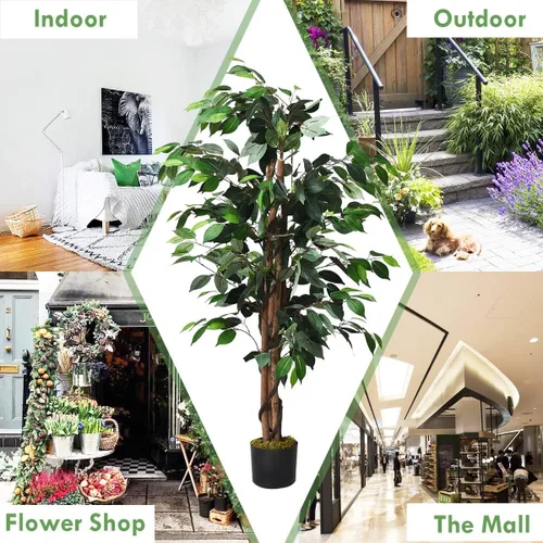 Vista 7 de Goplus Árbol de seda artificial de ficus de 4 pies, árbol falso en maceta con hojas verdes y tronco natural, sin mantenimiento, planta sintética