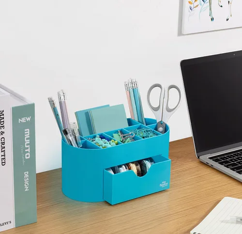 Vista 4 de My Space Organizers Organizador de escritorio azul para suministros de oficina y accesorios de escritorio, soporte para bolígrafos, organización