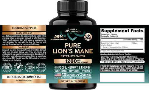 Vista 2 de Cápsulas de suplemento de melena de leones, melena de león orgánica 1200 mg, 120 cápsulas veganas