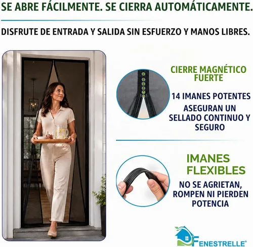 Vista 6 de Puerta magnética de malla de fibra de vidrio resistente de Fenestrelle, con cierre magnético autoajustable, manos libres, con moldura negra – Se
