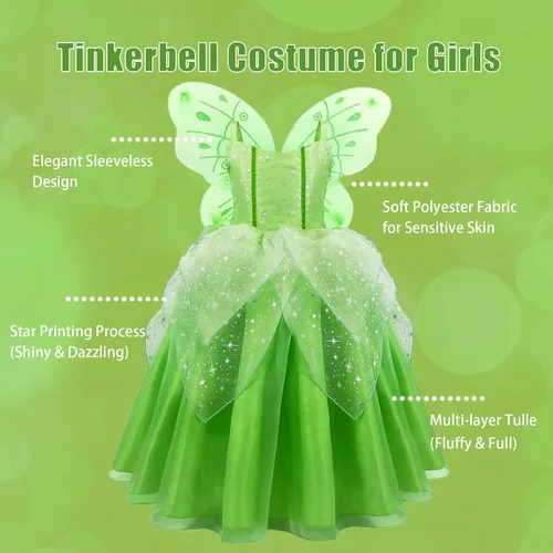Vista 2 de Princess Tinker Bell Halloween Costume for Girls, Birthday Party Fairy Dress Up, Special Occasion Dress with Wings