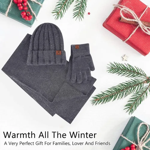 Vista 5 de FZ FANTASTIC ZONE Womens Winter Warm Knit Beanie Hats Gloves Touchscreen Long Scarf Set Skull Cap with Fleece Gifts for Women