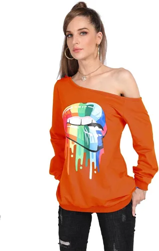 Vista 2 de MAGICMK - Suéter de hombros descubiertos y manga larga para mujer, blusas informales con estampado de labios, tallas extragrandes, holgadas