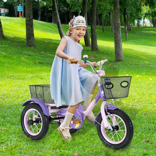 Vista 3 de Triciclo de 12 pulgadas, triciclo para niños, triciclo para niños, para edades 3+ ciclistas principiantes, con cesta delantera y trasera y asiento