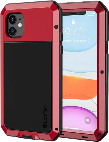 Vista 8 de Lanhiem Funda de metal para iPhone 11, resistente a los golpes, resistente a los golpes, con protector de pantalla de vidrio integrado, funda Negro
