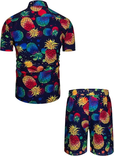 Vista 2 de fohemr Mens Hawaiian Shirt and Short Beach Set Match Tropical PineappleFlamingo Pattern Outfits Short Sleeve Short 2 PC