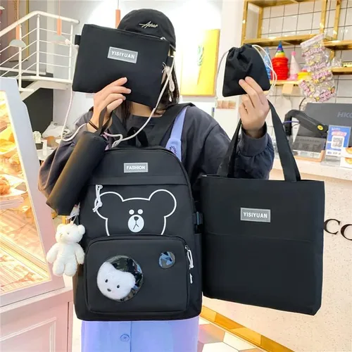 Vista 2 de Mochila de viaje con diseño de oso lindo para mujer, 5 piezas, con colgante kawaii, animé japonés, mochila escolar, Negro