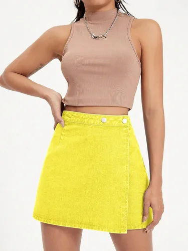 Vista 3 de WDIRARA Minifalda de mezclilla de cintura alta para mujer, acampanada, con botones