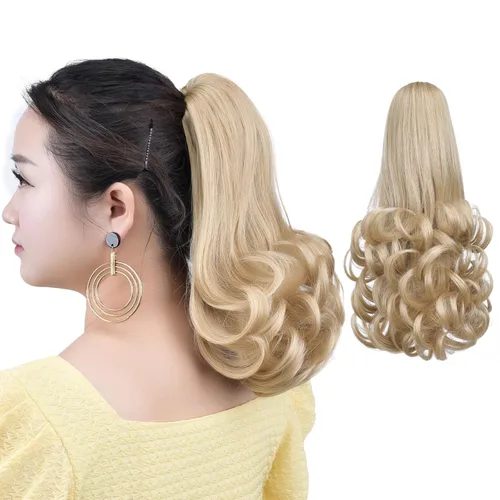 Vista 60 de Cola de caballo con clip, color castaño rojizo, ondulado de 10 pulgadas, extensión de cola de caballo de 3.3 onzas, extensiones de cabello sintético