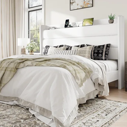 Vista 16 de Allewie Estructura de Cama Tapizada Tamaño Full con Estación de Carga y Cabecera con Almacenamiento, Cama Plataforma de Terciopelo Suave