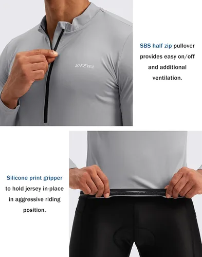 Vista 4 de Bikewa Maillot de ciclismo para hombre con 3+1 bolsillos traseros con cremallera, manga larga, absorción de humedad, UPF 50+ media cremallera