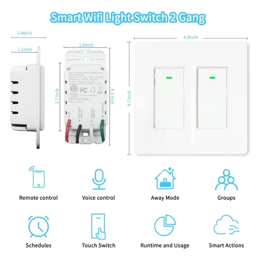 Vista 3 de Interruptor de luz inteligente de 2 bandas (botón), interruptores de luz WiFi inteligentes dobles, interruptor inteligente compatible con Alexa