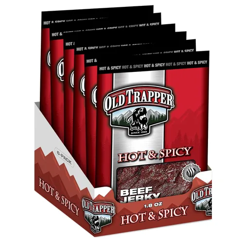 Vista 4 de Old Trapper Carne seca de ternera, picante y picante paquete individual de 1/4 libras, aperitivos de carne salados y picantes para almuerzos o entre