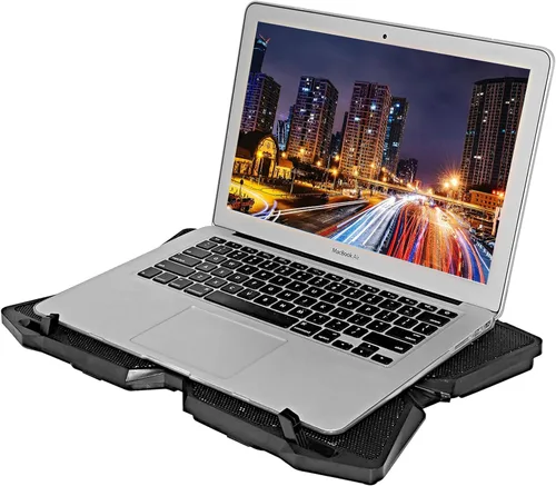 Vista 4 de Enfriador portátil de malla metálica para laptop, 4 ventiladores silenciosos con luz LED roja, altura ajustable, portátil de hasta 17 pulgadas, 2