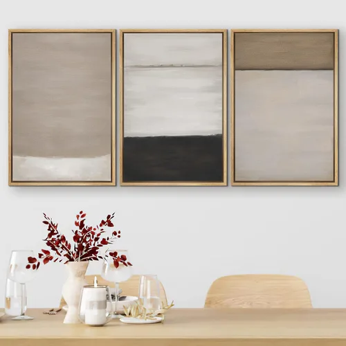 Vista 289 de SIGNFORD - Set de obras de arte en lienzo enmarcado para pared, ilustraciones abstractas de neblina del desierto en tonos neutros beige y marrón