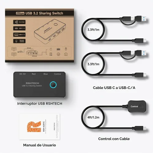 Vista 15 de RSHTECH USB 3.2/USB C Switch 10Gbps 2 ordenadores comparten 4 dispositivos, RSH-A201C Negro