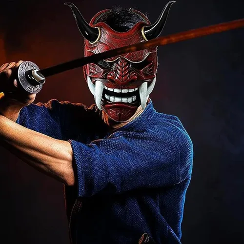 Vista 5 de LOCHE Máscara de Samurai Oni, máscara japonesa de Halloween, máscara de Samurai Hannya, disfraz de guerrero cosplay para fiesta de Halloween