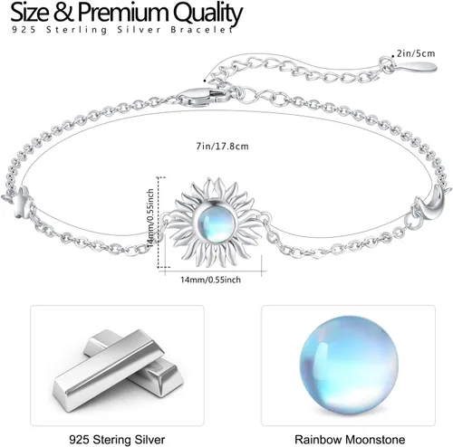 Vista 5 de CUOKA MIRACLE Pulseras de sol de piedra lunar, pulsera de plata de ley 925 de 7 pulgadas + 2 pulgadas, pulsera de cadena de eslabones ajustables
