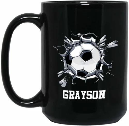 Vista 14 de Taza de café de fútbol personalizada con nombre, regalos para hombres, mujeres, amantes del fútbol, taza de cerámica negra personalizada de 11 onzas