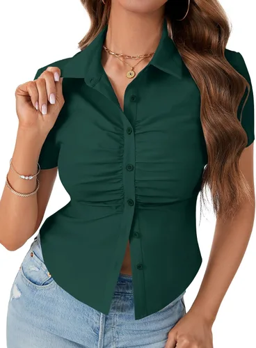 Vista 10 de LYANER Blusa de trabajo de manga corta acanalada con cuello en V y botones para mujer