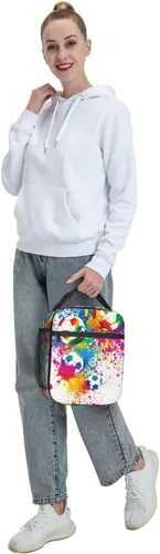 Vista 8 de Bolsa de almuerzo colorida con pelota de fútbol para niños y niñas, lonchera reutilizable de fútbol con aislamiento, bolsa de almuerzo portátil