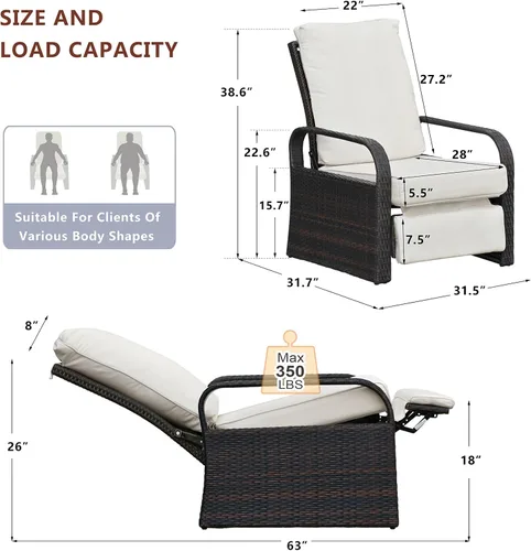 Vista 2 de Silla reclinable de aire libre para patio, resina de mimbre con cojines amortiguadores, auto ajustable, sofá de ratán, UV/Fade/Resistente al Mimbre