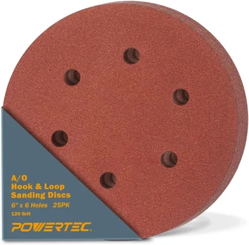 Vista 24 de POWERTEC Grano 40, paquete de 25, discos de lijado de 6 pulgadas – Gancho y bucle, almohadillas de lijadora orbital de óxido de aluminio de 6