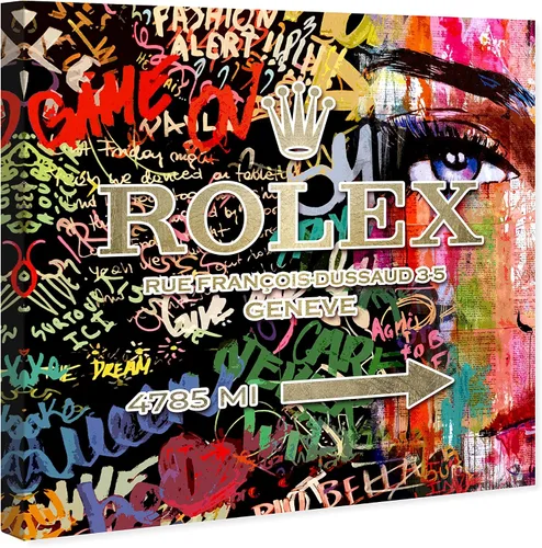 Vista 2 de Wynwood Studio Arte en lienzo envuelto contemporáneo de moda y glamour, reloj coleccionista, letrero de camino de neón, cuadrado de graffiti, arte