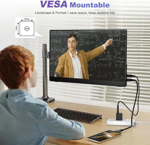 Vista 6 de Monitor portátil de 18,5 pulgadas, FHD USB-C HDMI 1080P 100% sRGB