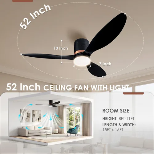 Vista 8 de 52 Inch Flush Mount Quiet Low Profile Ceiling Fan with Light and Remote Black/52