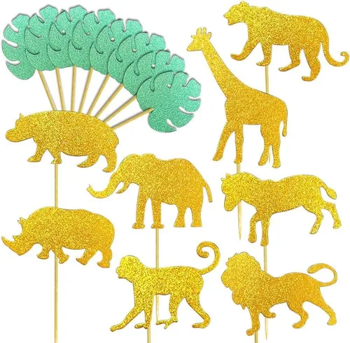 Vista 7 de ALISSAR Paquete de 40 adornos para cupcakes de animales de la selva con purpurina, temática de selva de safari, baby shower, fiesta, pasteles