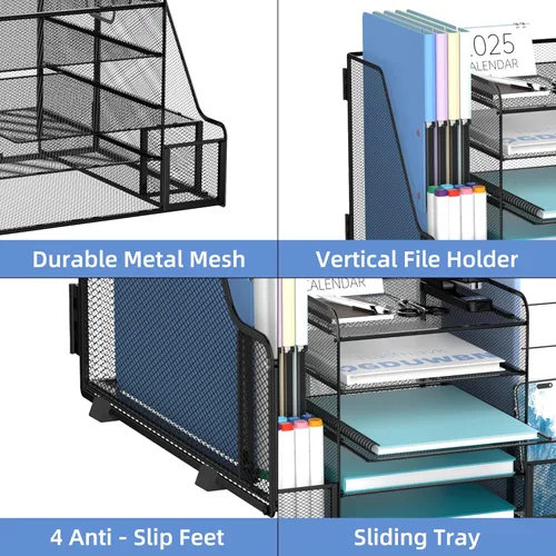 Vista 6 de SUPEASY Organizador de escritorio, organizador de archivos de escritorio de malla de 5 niveles con sujetalibros, soporte para archivos, 2 vasos