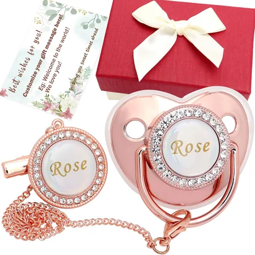 Vista 5 de Juego de chupetes personalizados con nombre, sin BPA, dorado, plateado, rosa, oro rosa, lujoso, regalo ideal para recién nacidos (negro)