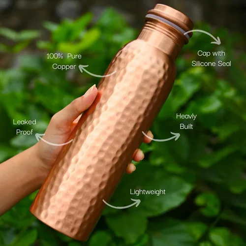 Vista 2 de RAJRANG Botella de agua de cobre martillado de 34 oz Ayurveda Health Vessel a prueba de fugas, diseño jarra para deporte, fitness, yoga, 33.8 fl oz