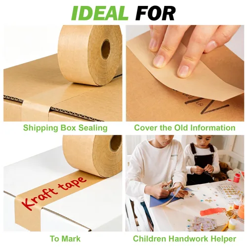 Vista 6 de Cinta de papel Kraft activada por agua 2.75 pulgadas x 450 pies Cinta de embalaje marrón reforzada Cinta de cartón fuerte para caja de embalaje