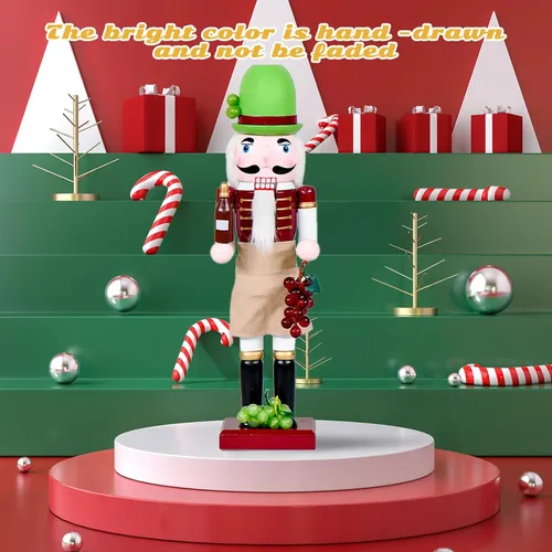 Vista 4 de Chef Bartender Cascanueces Decoraciones Navideñas - Figuras de Madera Hechas a Mano de 15 Pulgadas con Botella de Cerveza Copa de Vino Uva Temática