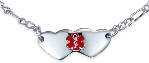 Vista 3 de Pulsera de identificación de alerta médica grabable con doble forma de corazón en blanco para mujeres y adolescentes, de plata de ley 925, muñeca