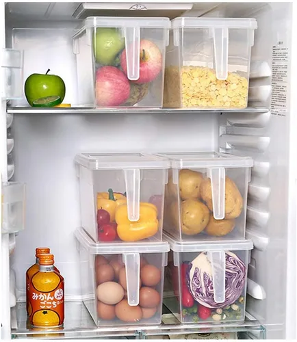 Vista 3 de Contenedores de almacenamiento de plástico cuadrados organizadores de almacenamiento de alimentos, organizador apilable para refrigerador
