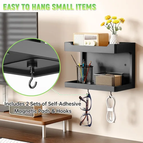 Vista 3 de NiHome Organizador Grande de Mesita de Noche de Madera para Montar en la Pared, Estantes de Almacenamiento Dobles y Ganchos Magnéticos, Estante