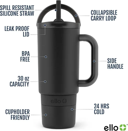 Vista 3 de Ello Port Taza de 30 oz con asa de transporte y mango integrado Botella de agua reutilizable de acero inoxidable con aislamiento al vacío