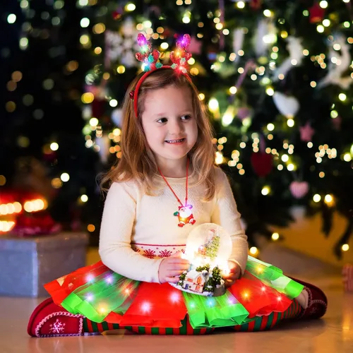 Vista 4 de Conjunto de 4 piezas de disfraz de Navidad para niñas, falda tutú iluminada, medias a rayas, diademas de reno LED, collar para espectáculos